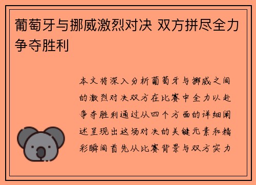 葡萄牙与挪威激烈对决 双方拼尽全力争夺胜利