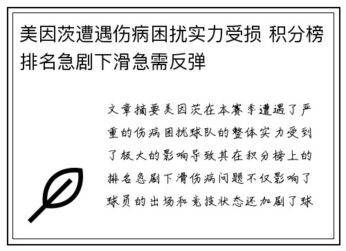 美因茨遭遇伤病困扰实力受损 积分榜排名急剧下滑急需反弹